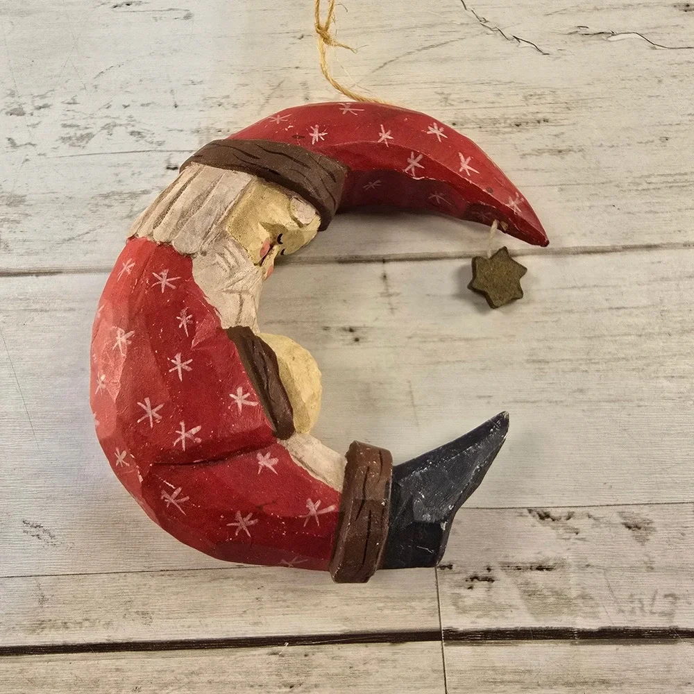 Vintage Christmas Ornament Set Hand Carved Wood Santa Moon and Boy on Tricycle